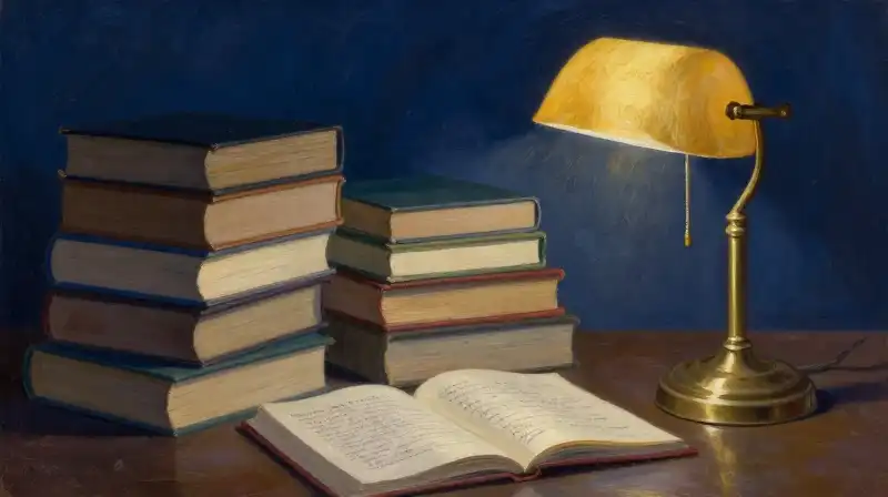 Stacked historical novels and notes in a moody blue study