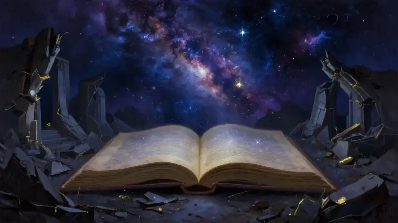 Literary illustration of dystopian ruins and cosmic space themes