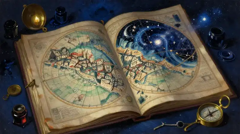 An antique atlas illustrating space opera and dystopian landscapes