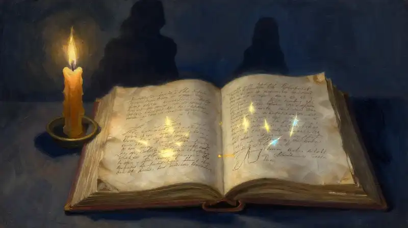 An open manuscript with glowing ink in deep blue tones