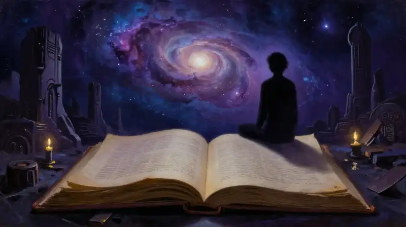 A silhouette gazing at a nebula through ancient manuscript pages