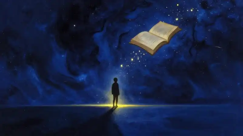 An adolescent silhouette gazing at a cosmic horizon near an open book
