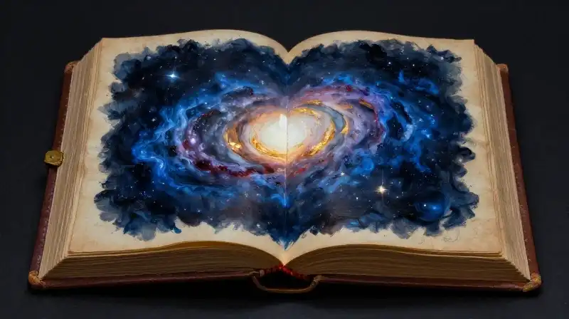 An open book with a miniature glowing galaxy emerging from its pages