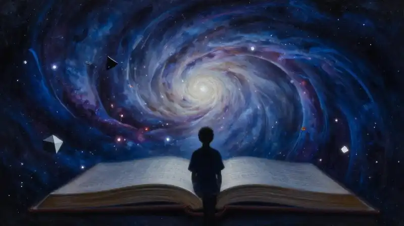 A lonely figure gazing at a cosmic nebula from an open book